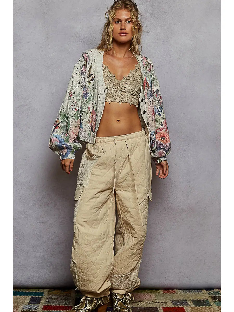 V Neck Floral Print Metal Flower Button Sweater Cardigan