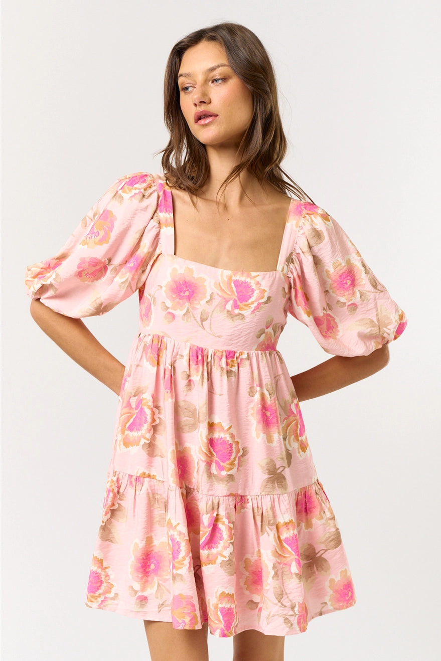 Square Neck Puff Sleeve Ruffled Mini Dress