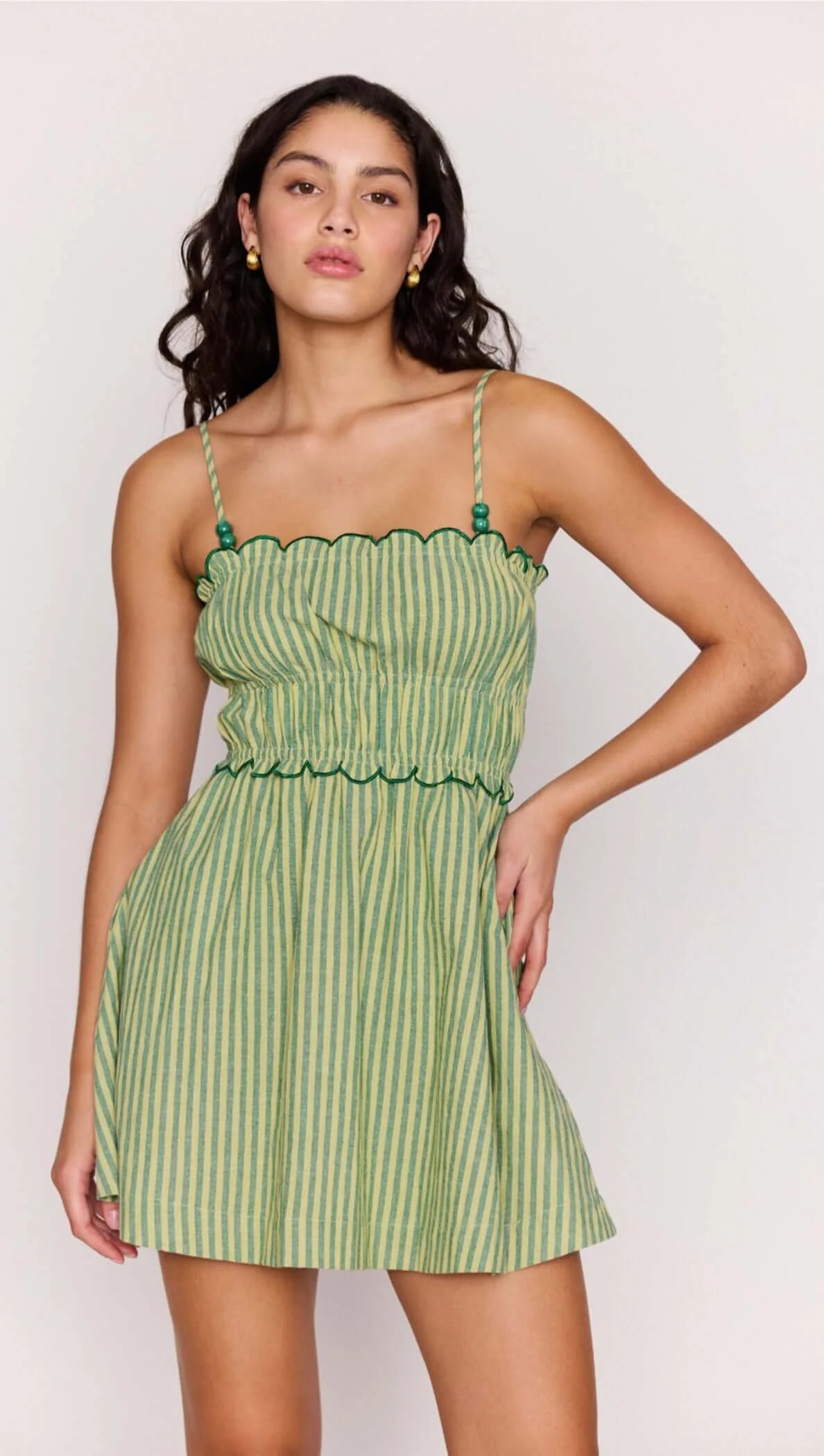 GREEN STRIPED LINEN BLEND SCALLOP MINI DRESS