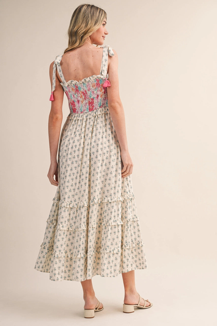 Floral Print Smocked Bodice Midi Dress