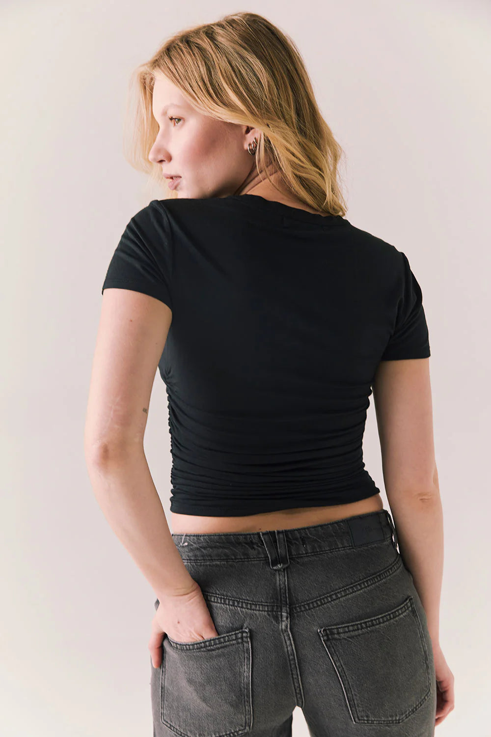 Louis Black Cropped Tee – Ruched Side T-Shirt with High Neck