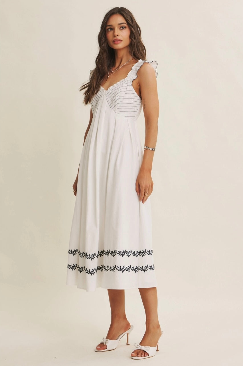 Provence Summer Embroidered Pintuck Ruffle Midi Dress