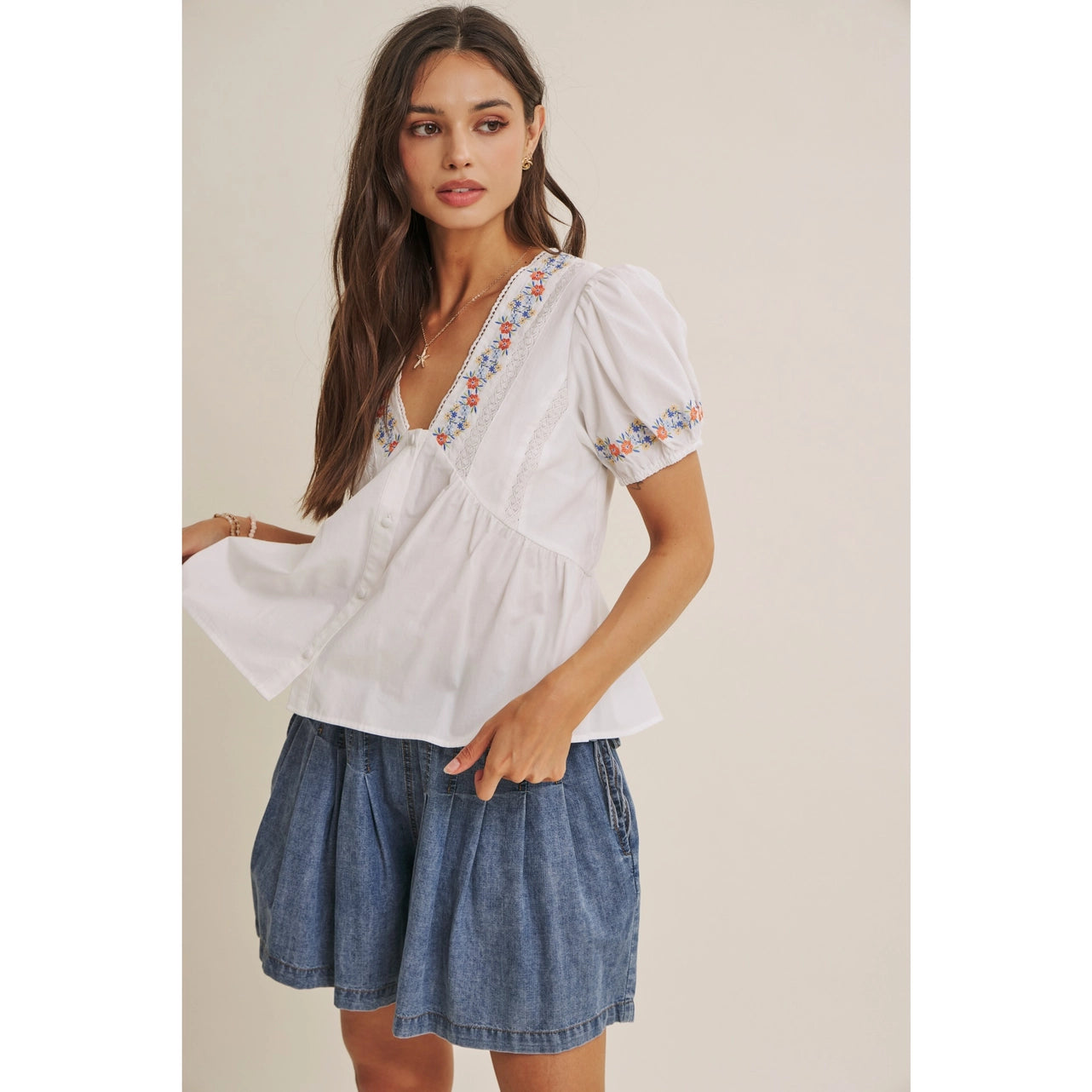 Wildflower Garden Embroidered Peplum Blouse with Lace