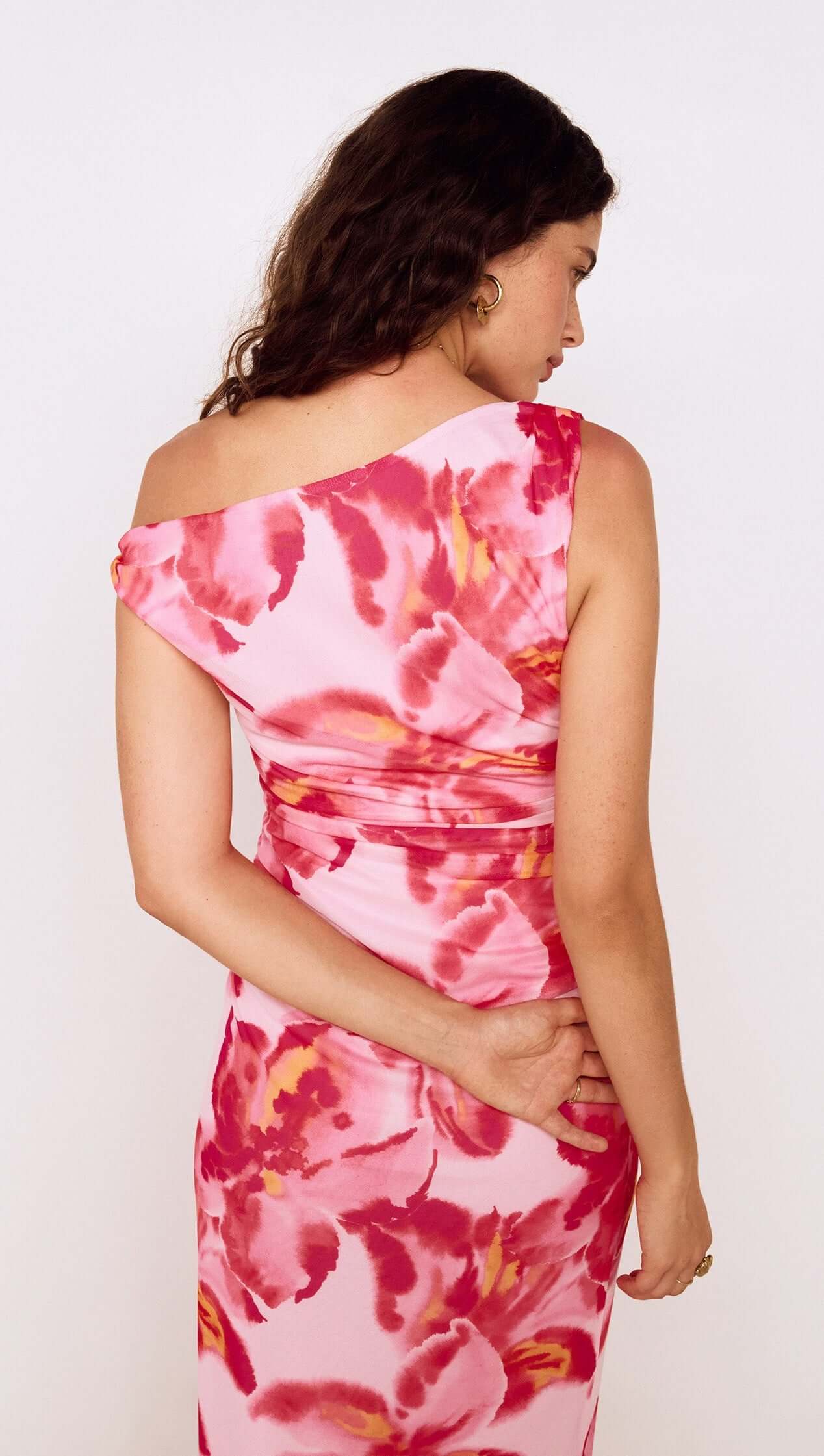 Pink Floral Off-Shoulder Mesh Midi Dress