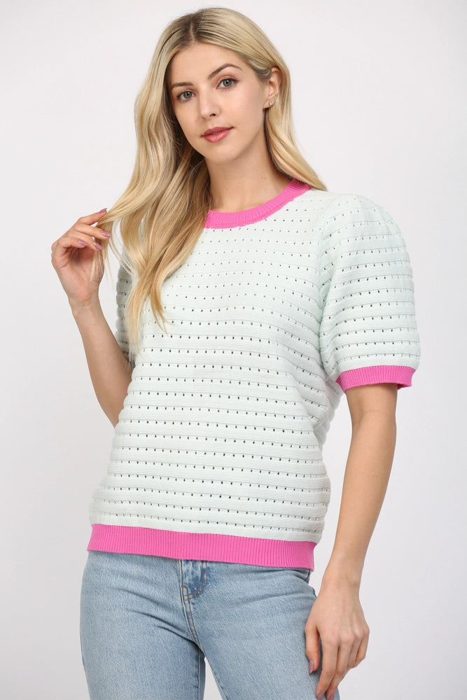 Puff Sleeve Croppped Sweater Top with Contrast Band