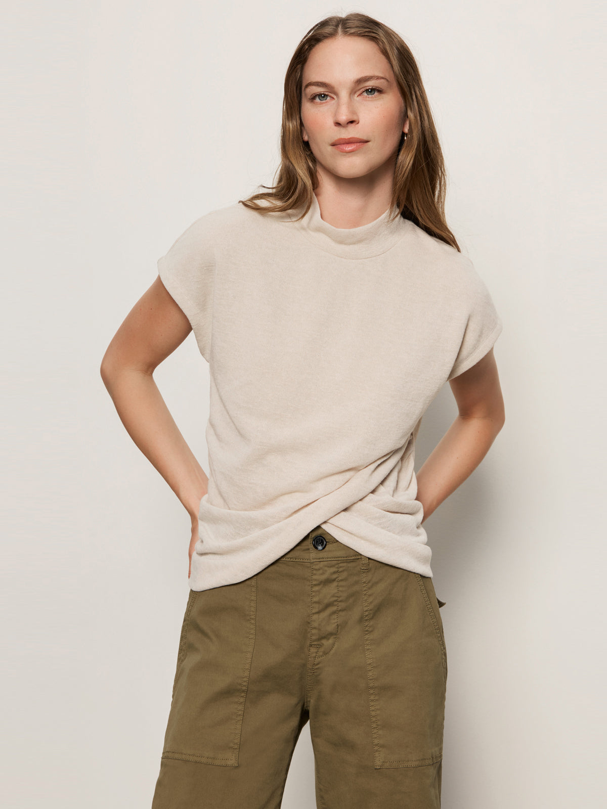 DRAPED SLEEVELESS MOCK NECK TOP MOTHER OF PEARL