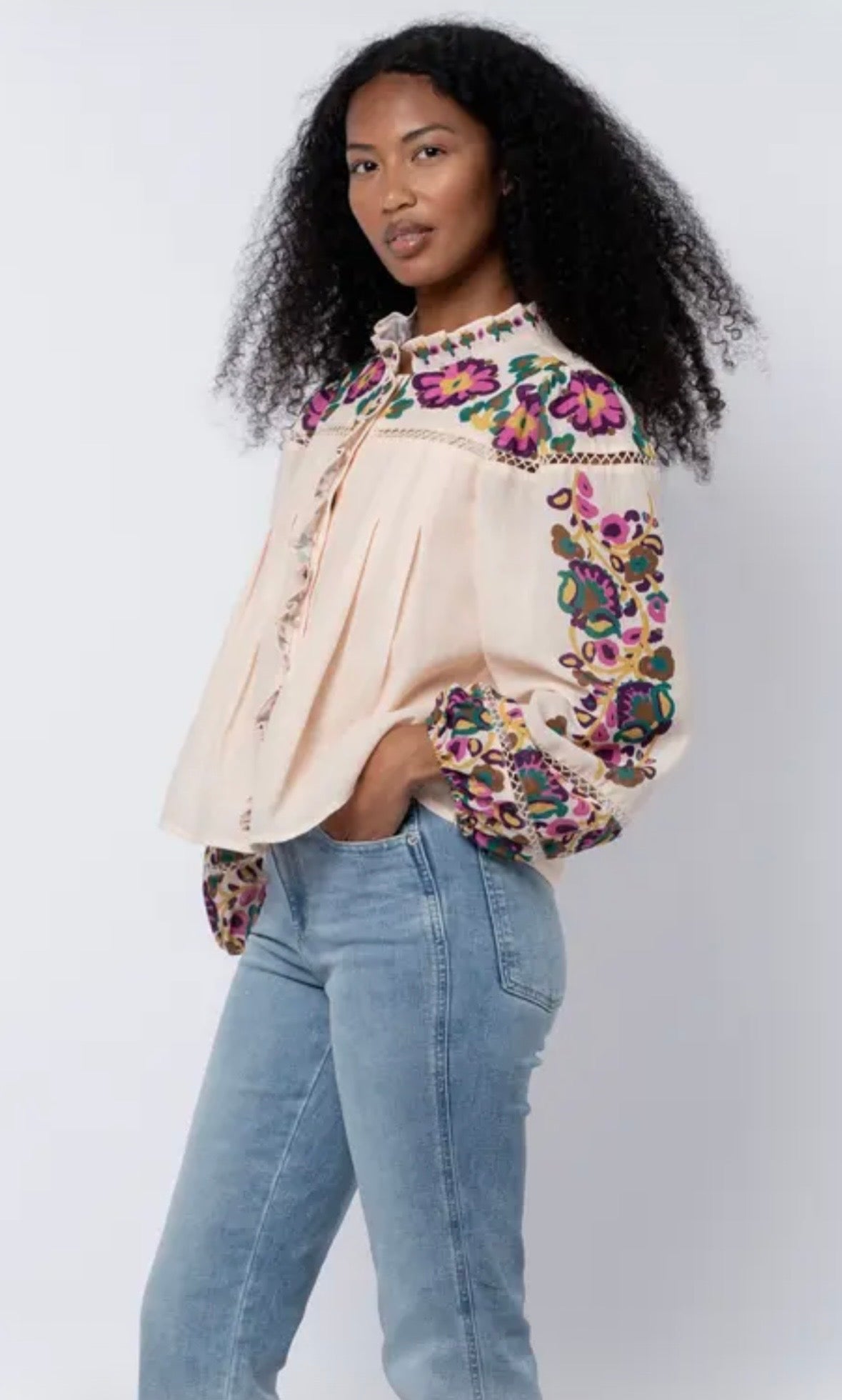 Isme Placed Floral Ruffle Placket Button-Up Shirt