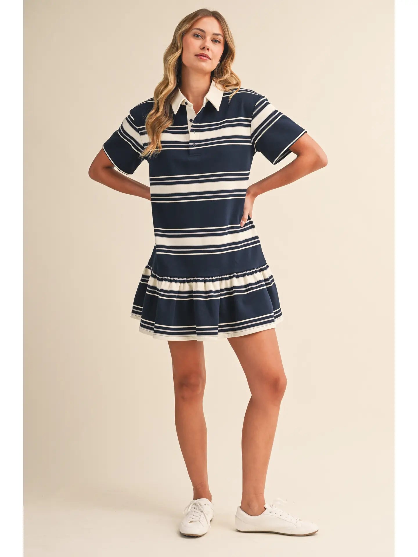 Stripe Short Sleeve Bottom Ruffled Rugby Mini Dress