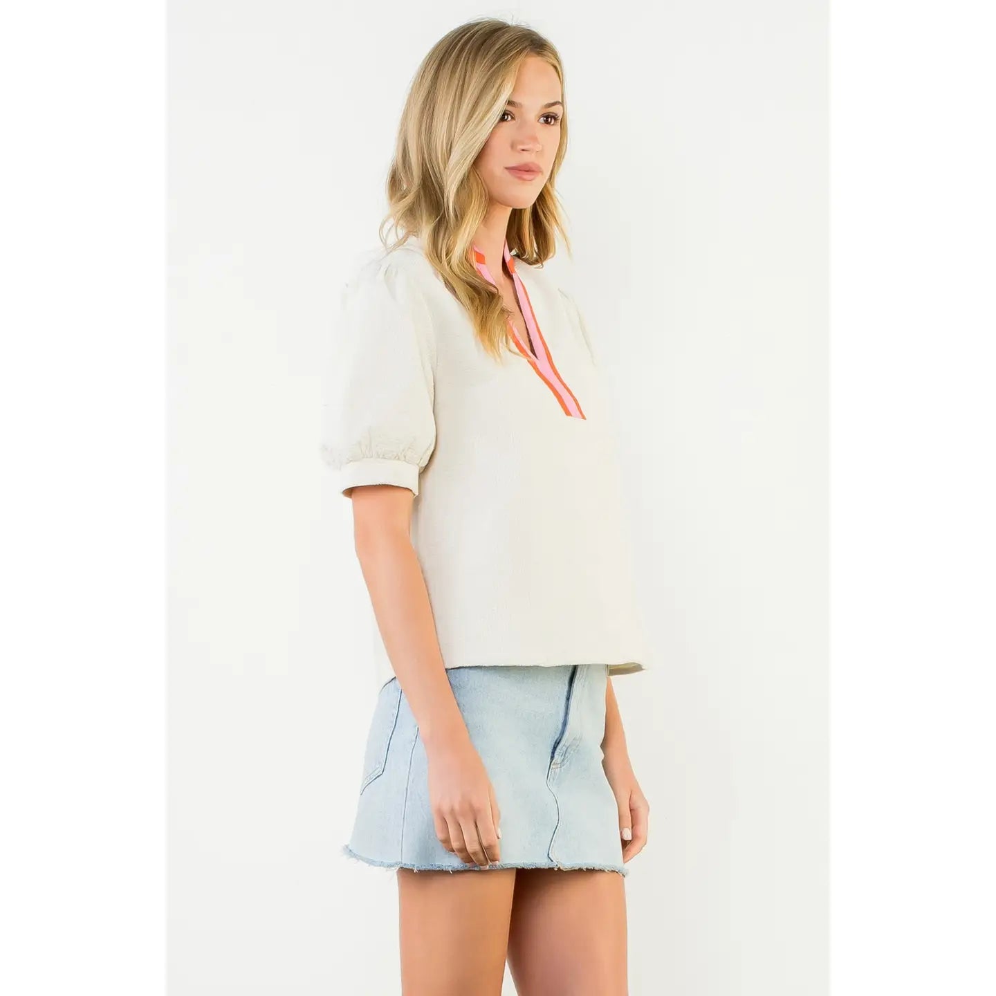 Puff Sleeve Textured V-Neck Top