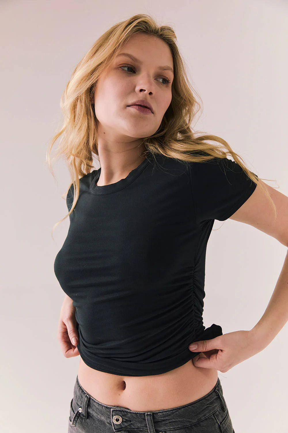 Louis Black Cropped Tee – Ruched Side T-Shirt with High Neck