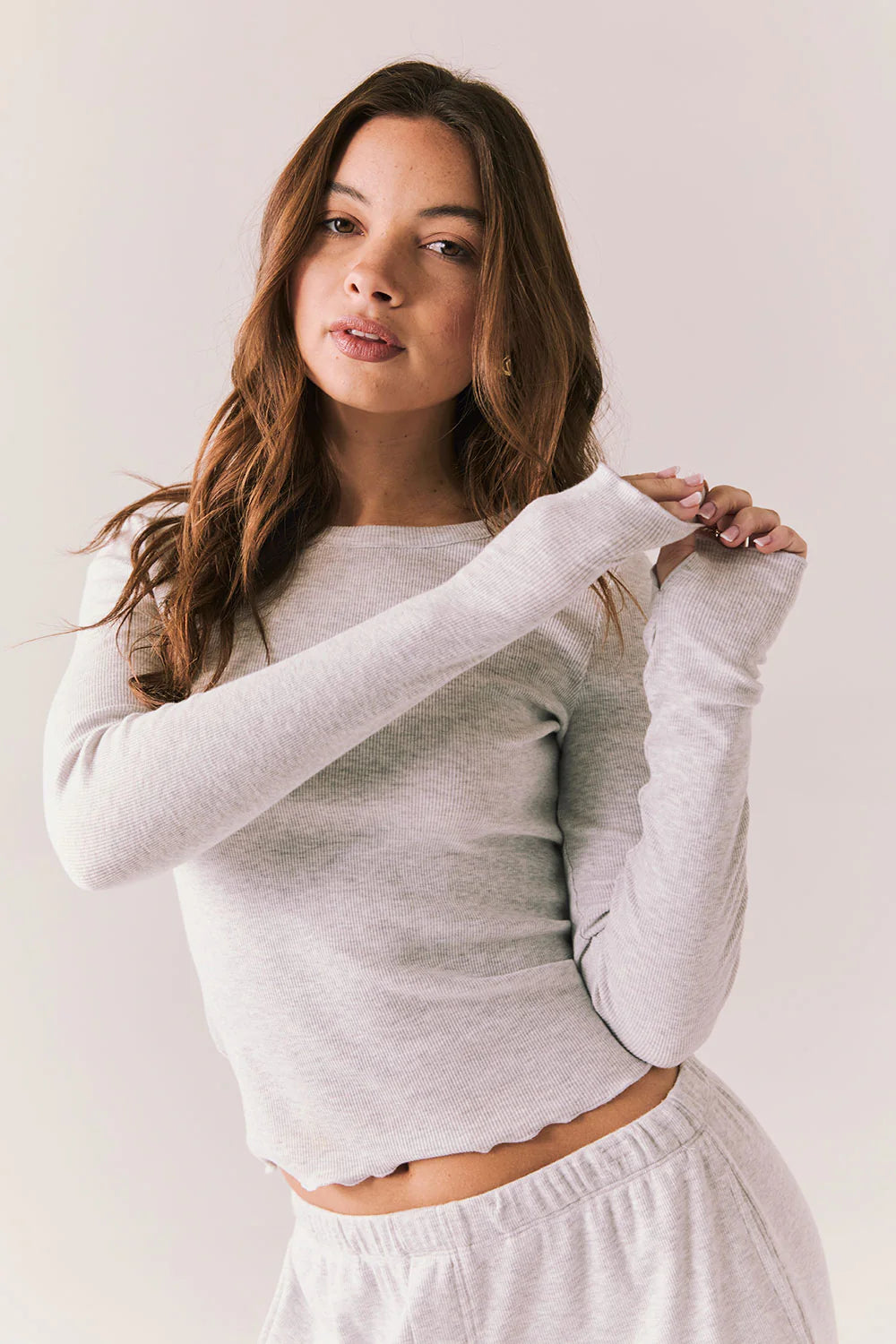 Moonlight Grey Long Sleeve – Fitted Ribbed Top with Thumb Holes