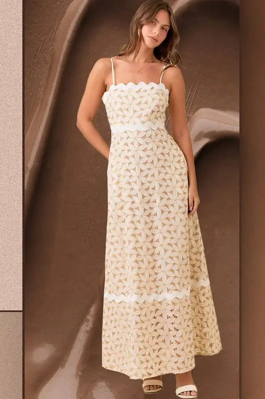 Floral Eyelet Maxi Dress with Contrasting Ric Rac