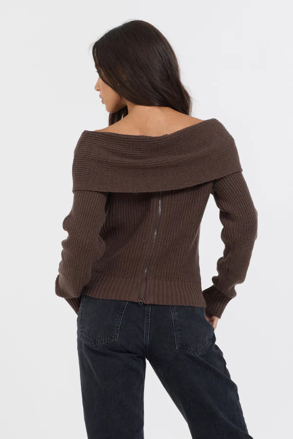 ESPRESSO OFF SHOULDERBACK ZIP SWEATER