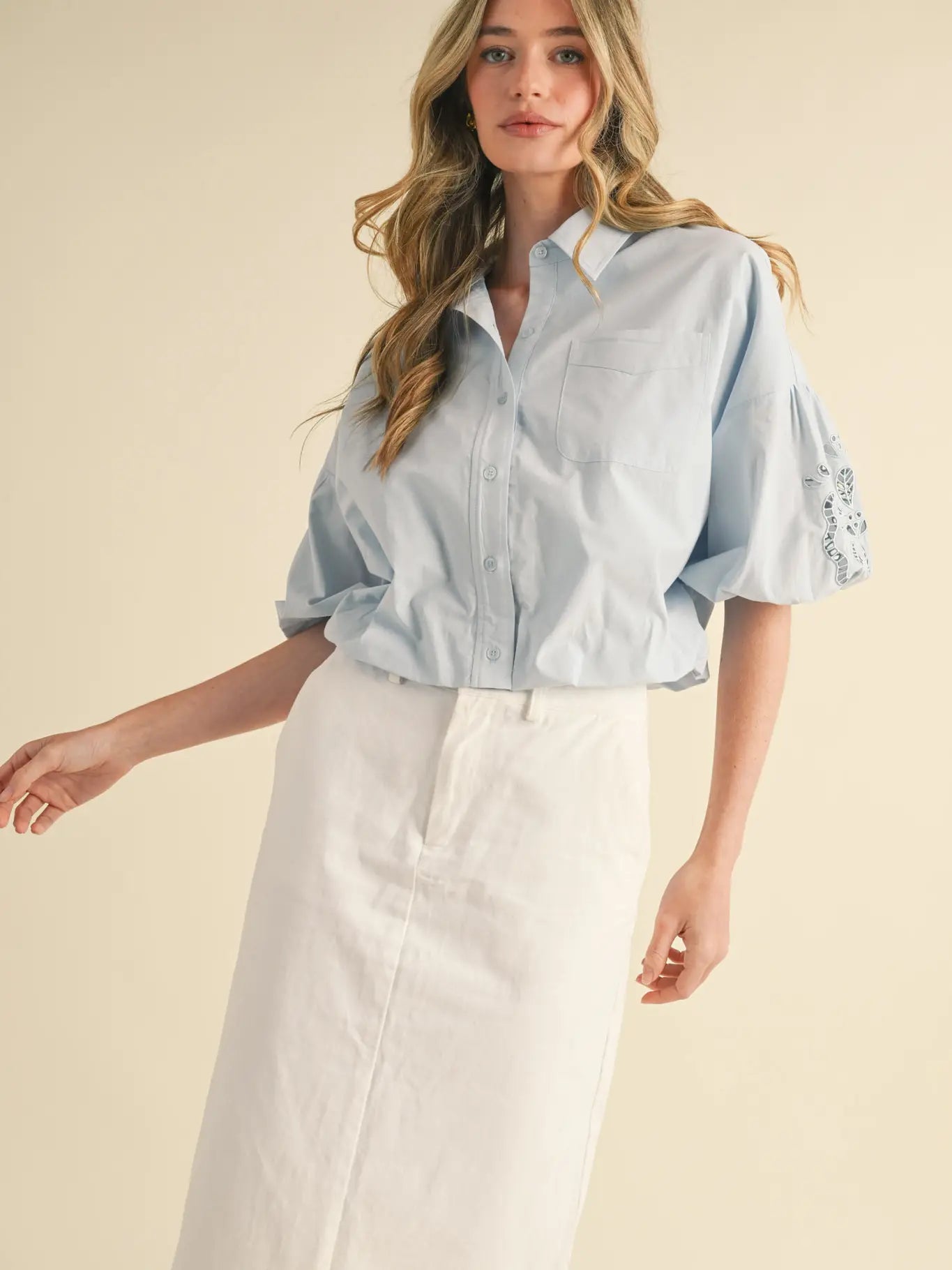 Cut Out Embroidered Bubble Sleeve Top