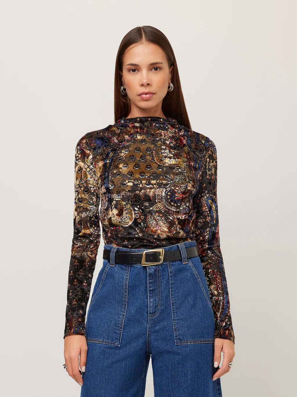 KHAMI VELVET BURNOUT SHIRRED TOP