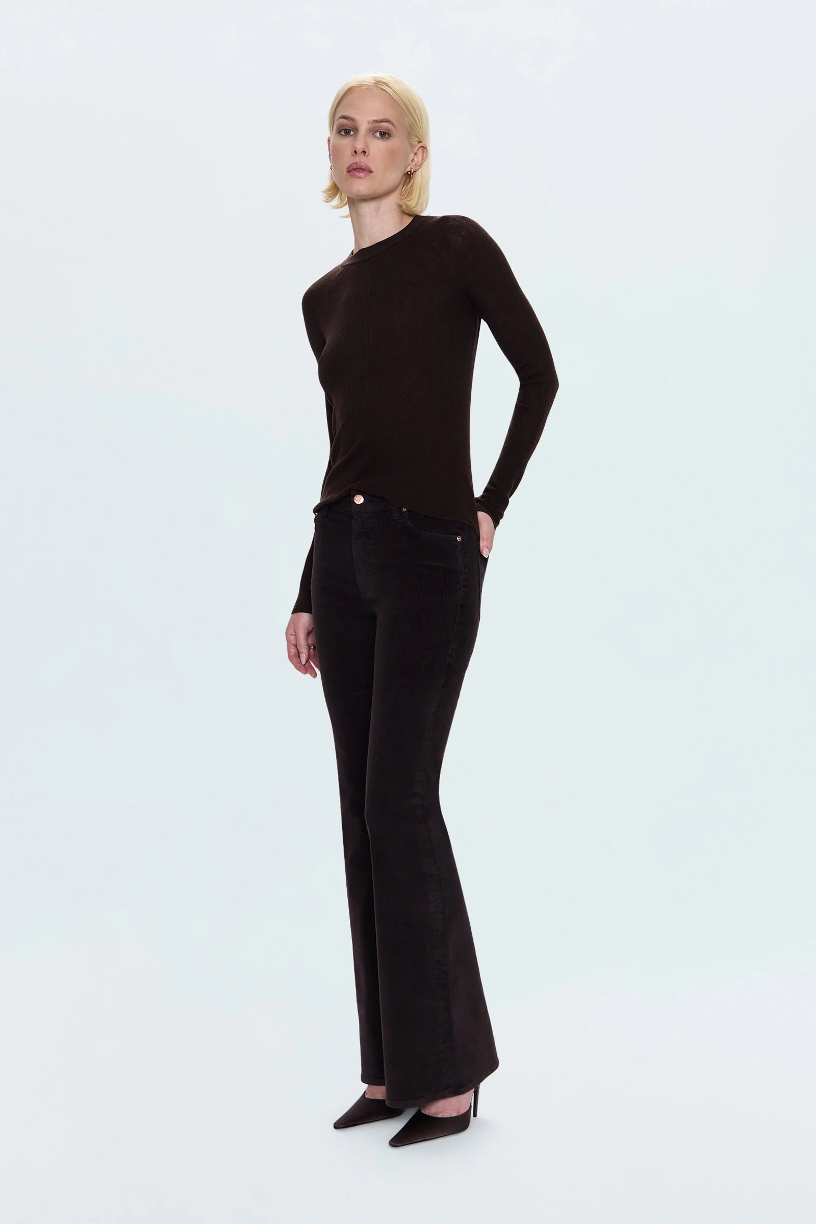 KINSLEY MID RISE ULTRA FLARE PANT - MOCHA