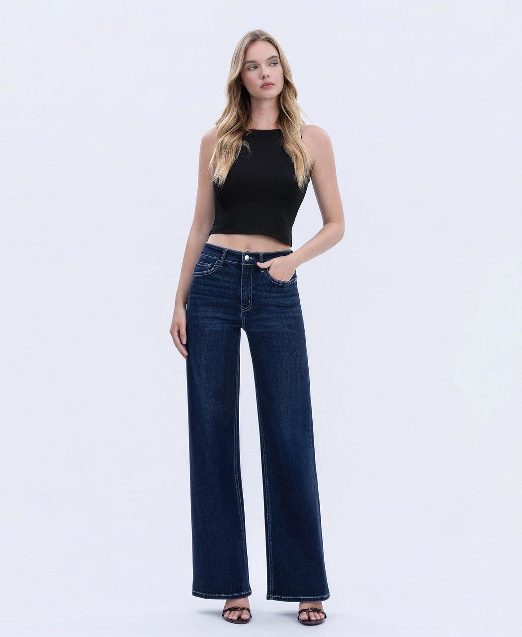 High Rise Dark Wash Full Length Wide Jeans