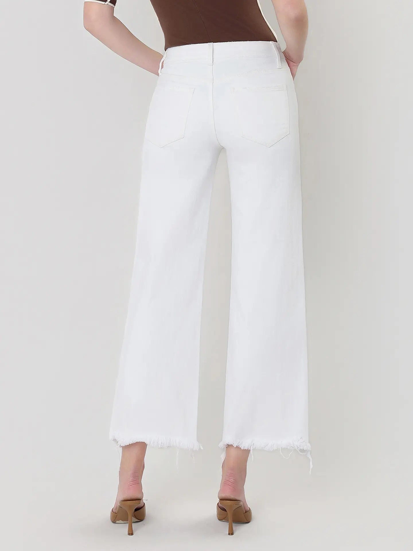 High Rise Uneven Raw Hem Crop Wide Jeans