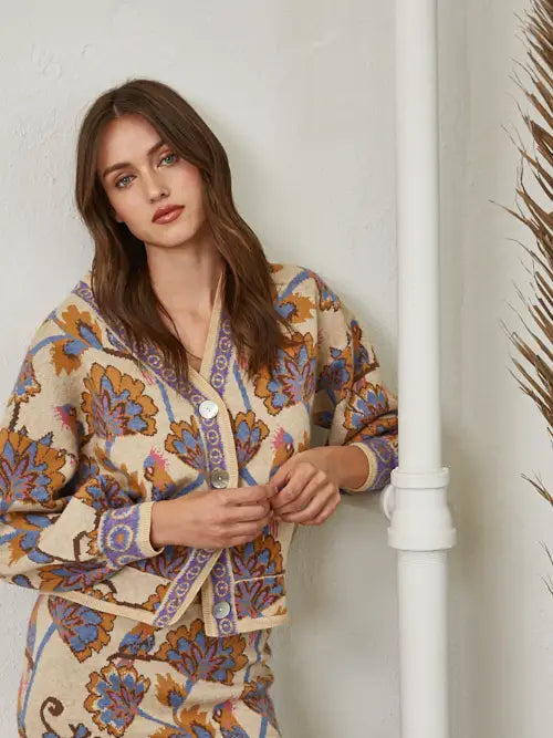 Jacquard Knit V-Neck Button Closure Cardigan