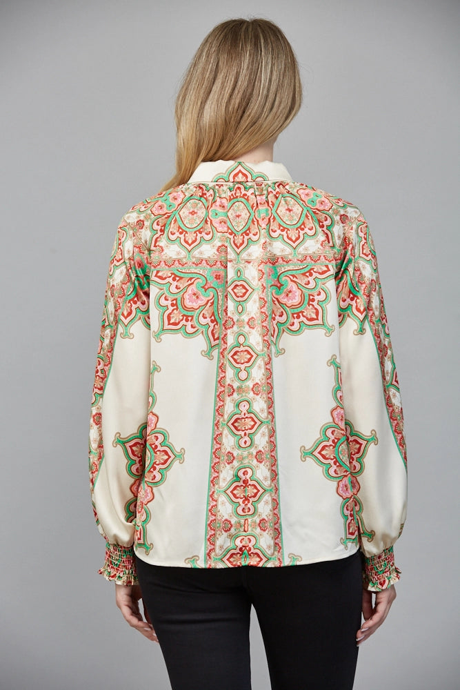 Abstract Border Print Button Down Blouse