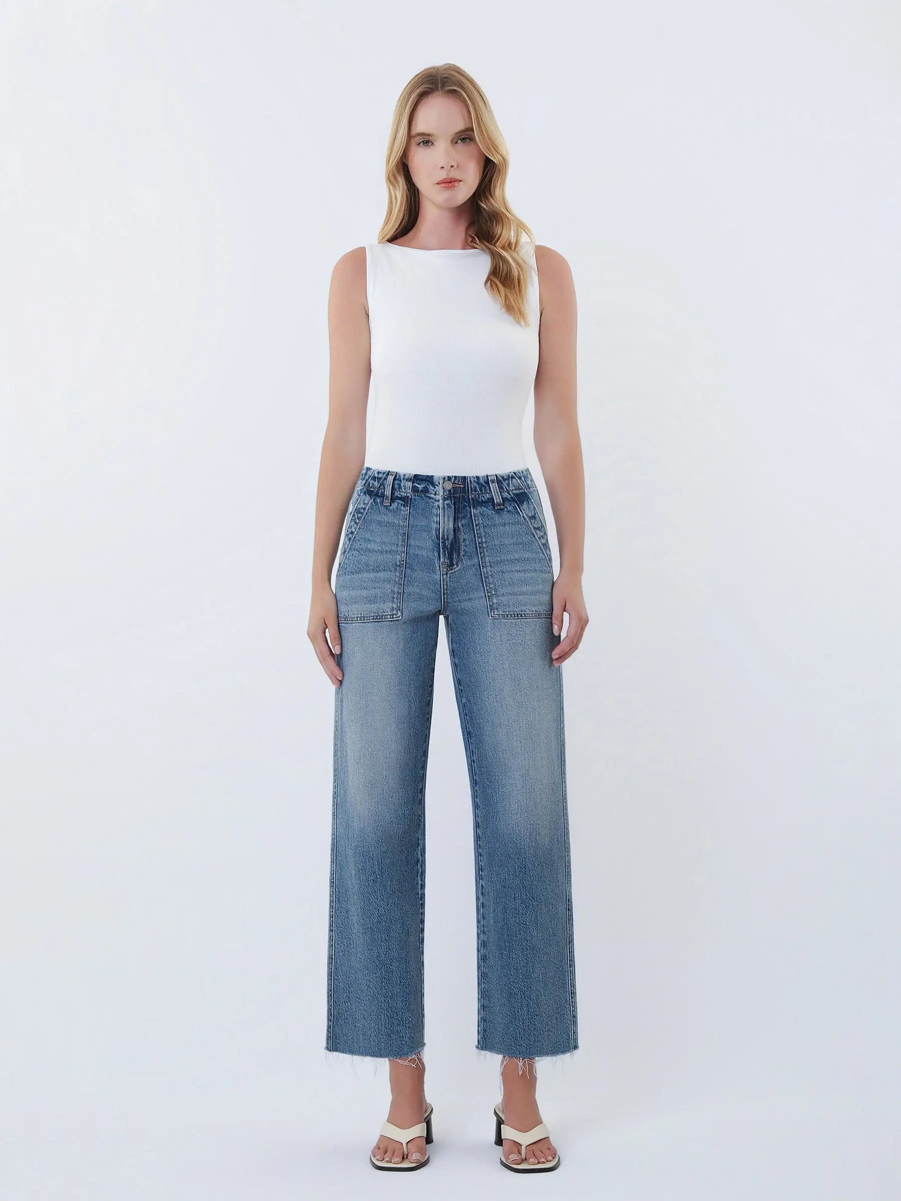 High Rise Patch Pocket Slim Wide Jeans