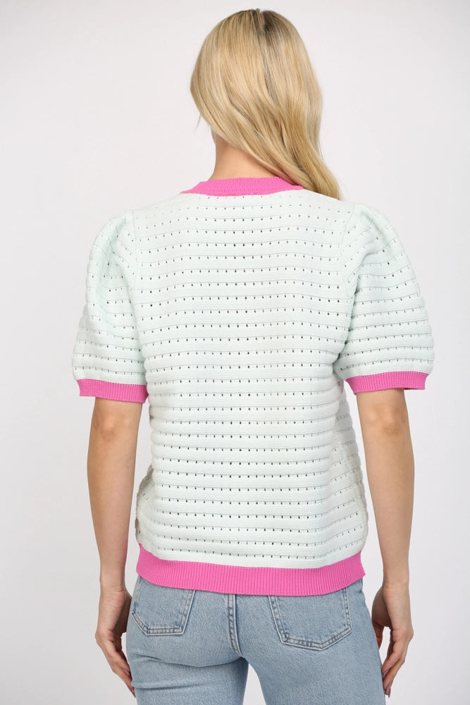 Puff Sleeve Croppped Sweater Top with Contrast Band