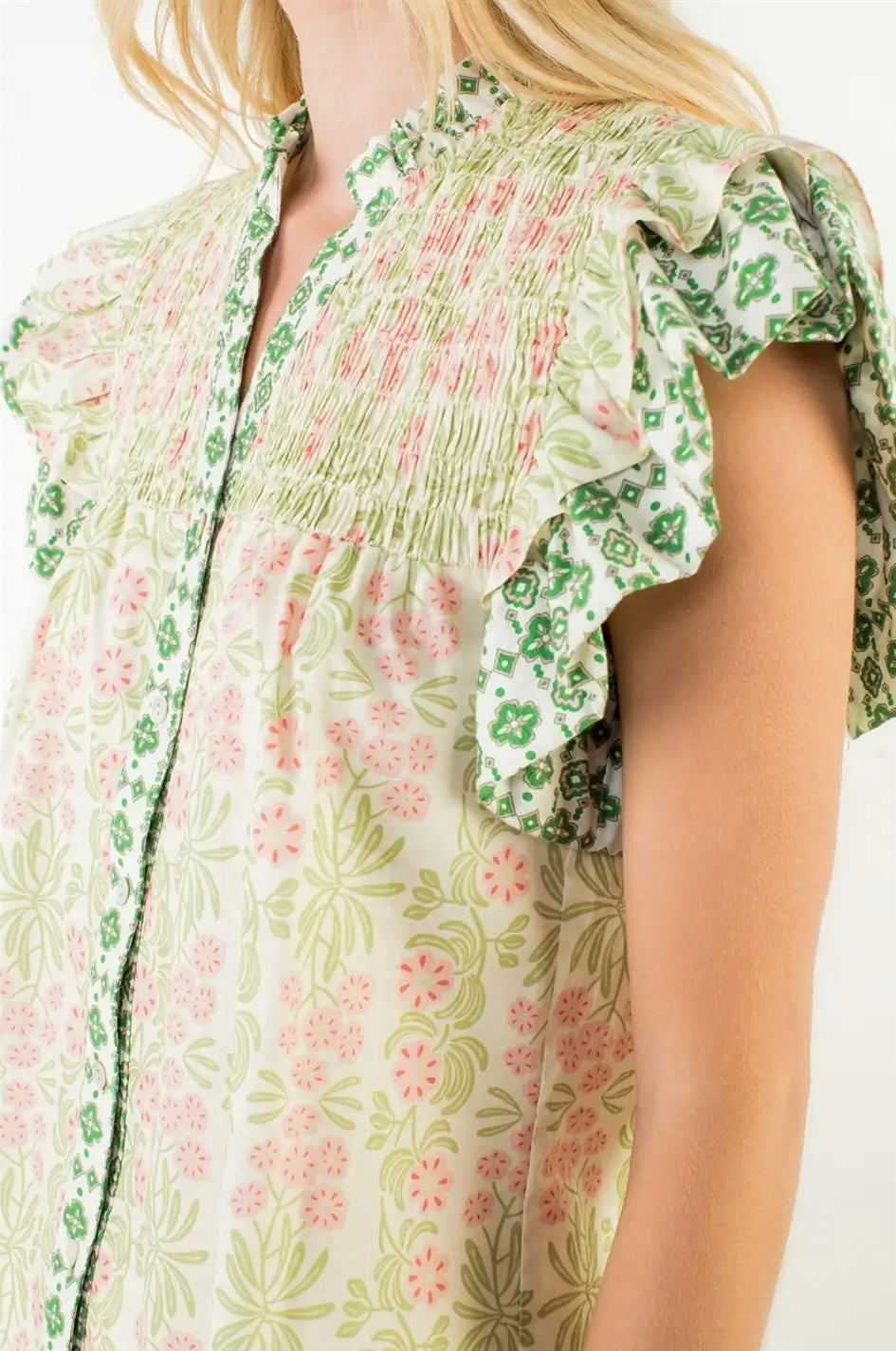 Flutter Sleeve Floral Pattern V-Neck Top