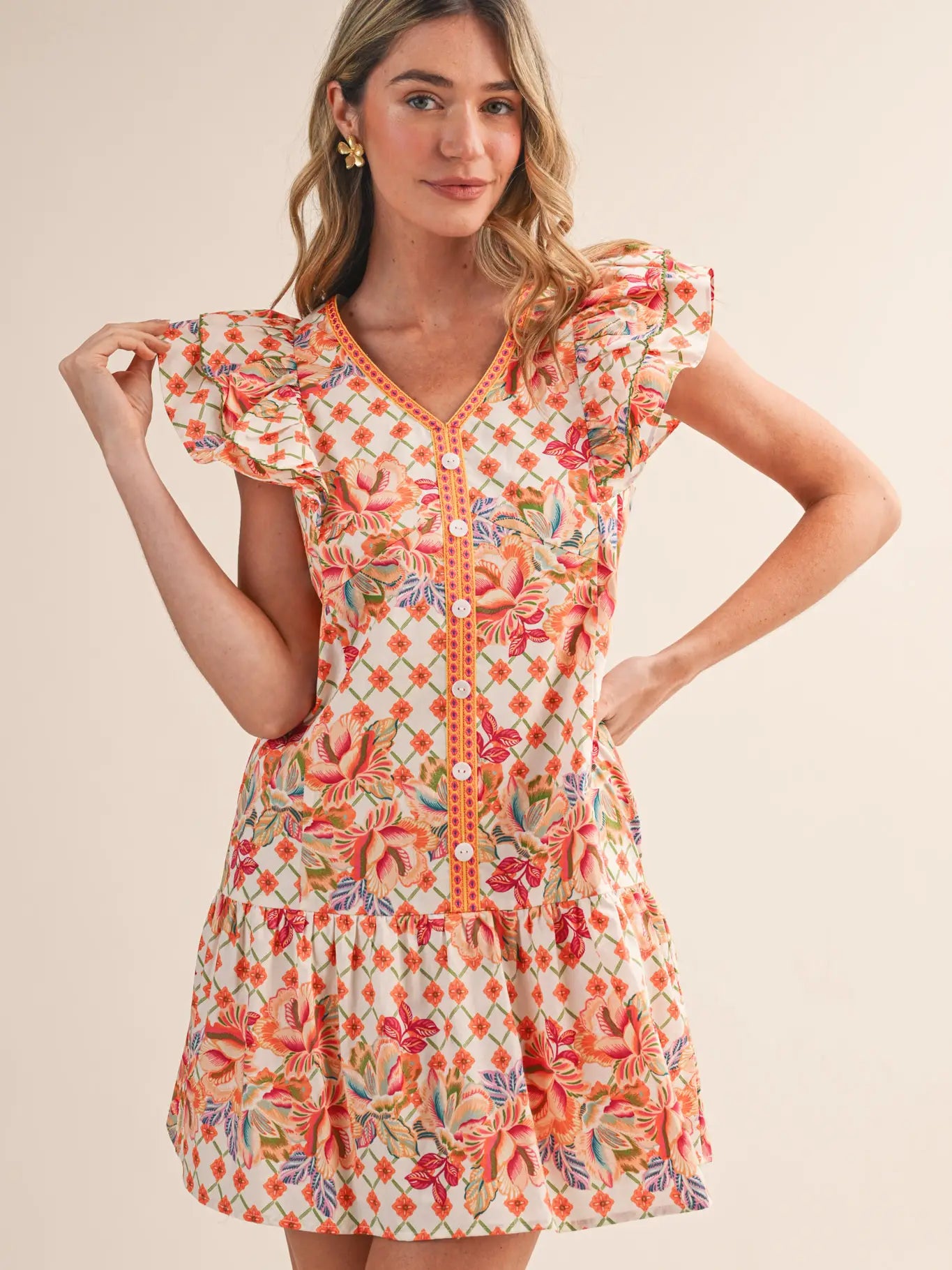 Floral Print Flutter Sleeve Mini Dress