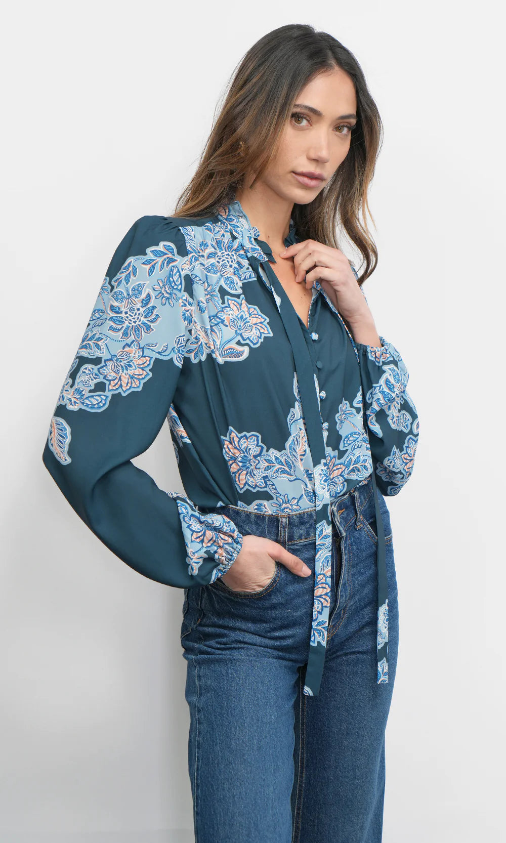 Cierra Button Up Tie Neck Blouse