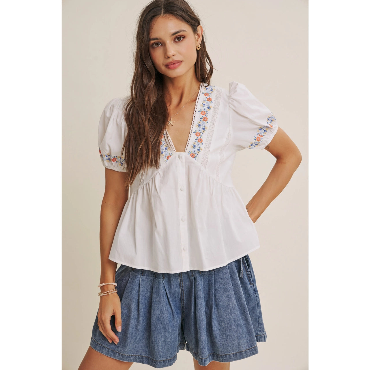 Wildflower Garden Embroidered Peplum Blouse with Lace