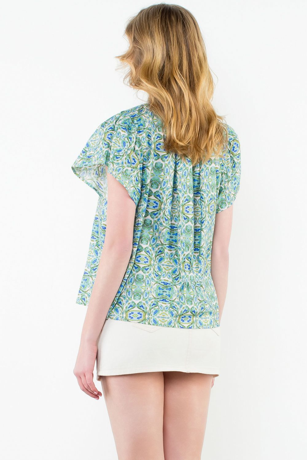 Turquoise Flutter Sleeve Print Top