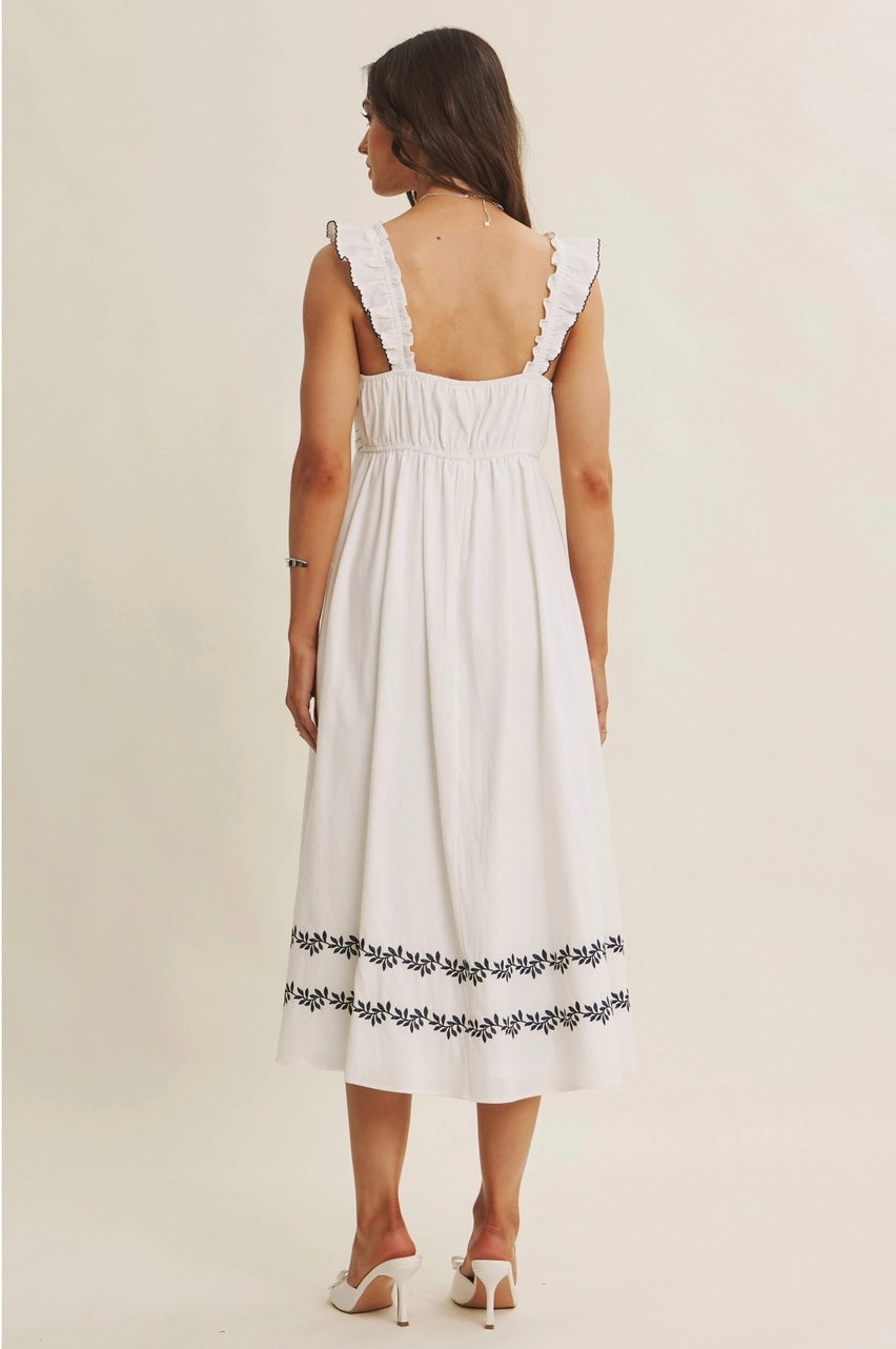 Provence Summer Embroidered Pintuck Ruffle Midi Dress