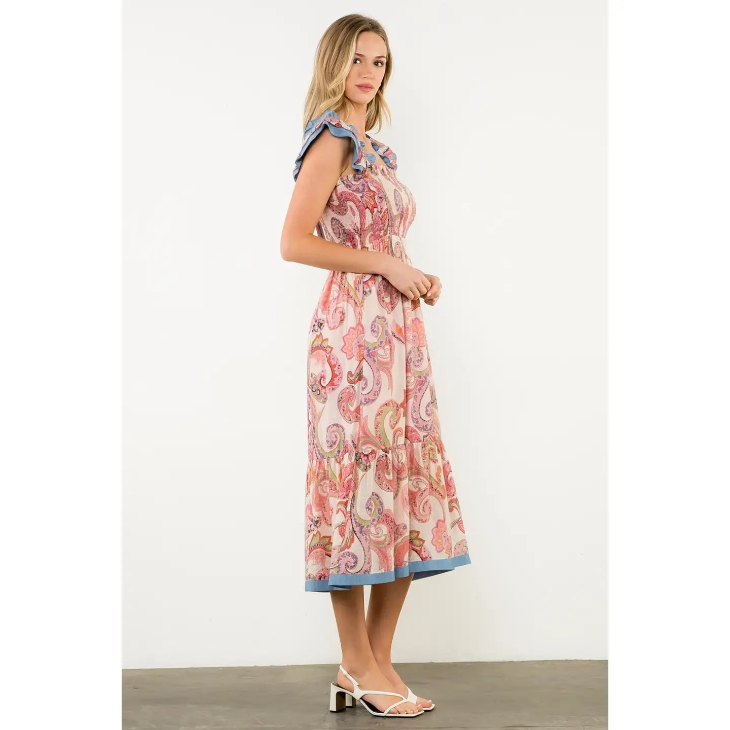 Smocked Flutter Sleeve Paisley Print Maxi Dress