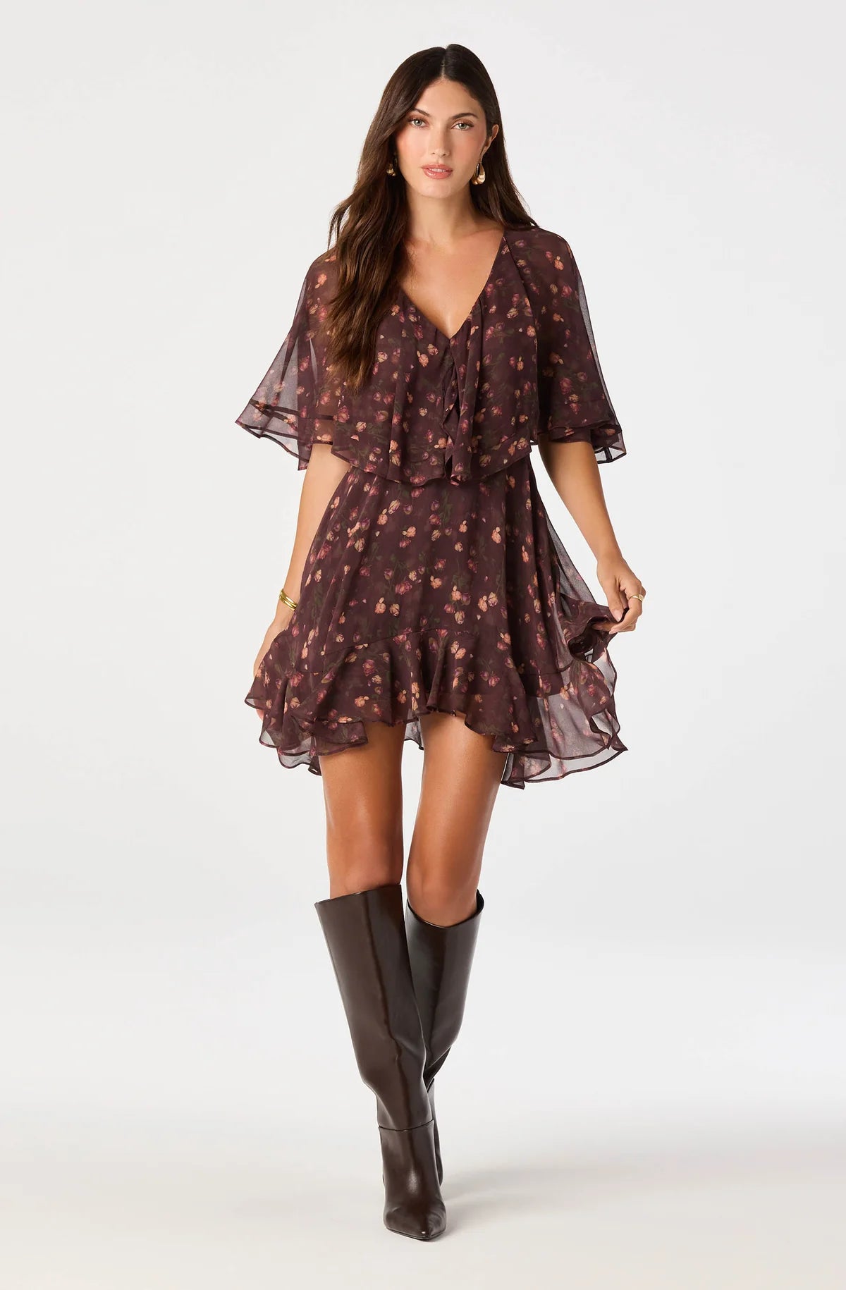 Lilah Floral Cape-Sleeve Mini Dress
