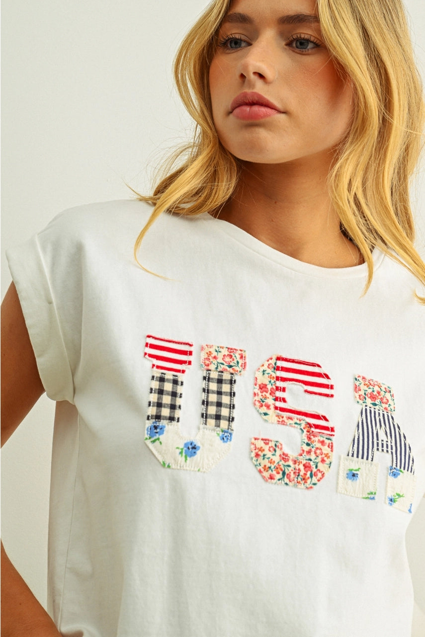USA Floral Patchwork Front T Shirts