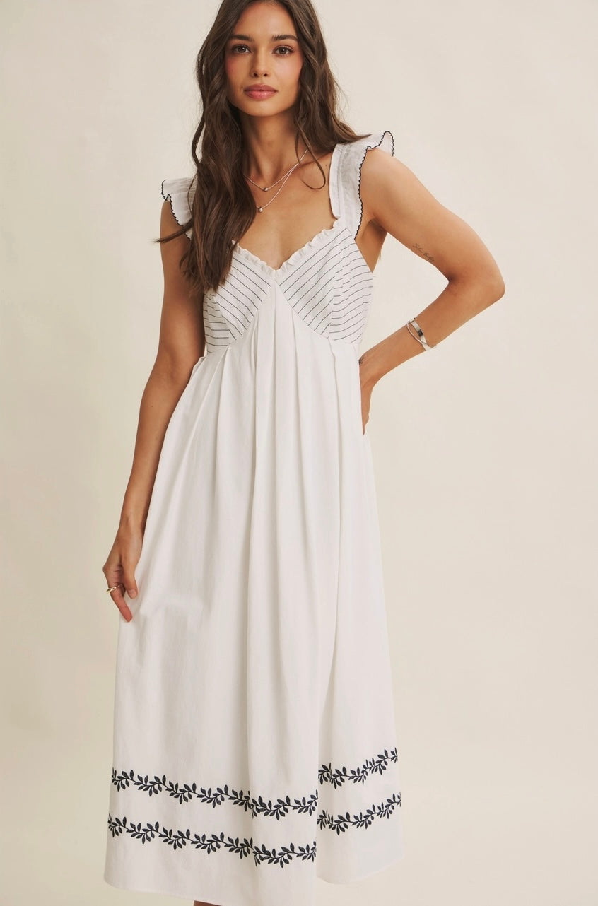 Provence Summer Embroidered Pintuck Ruffle Midi Dress