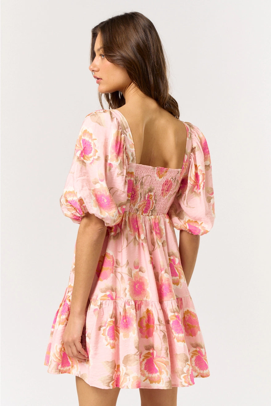 Square Neck Puff Sleeve Ruffled Mini Dress