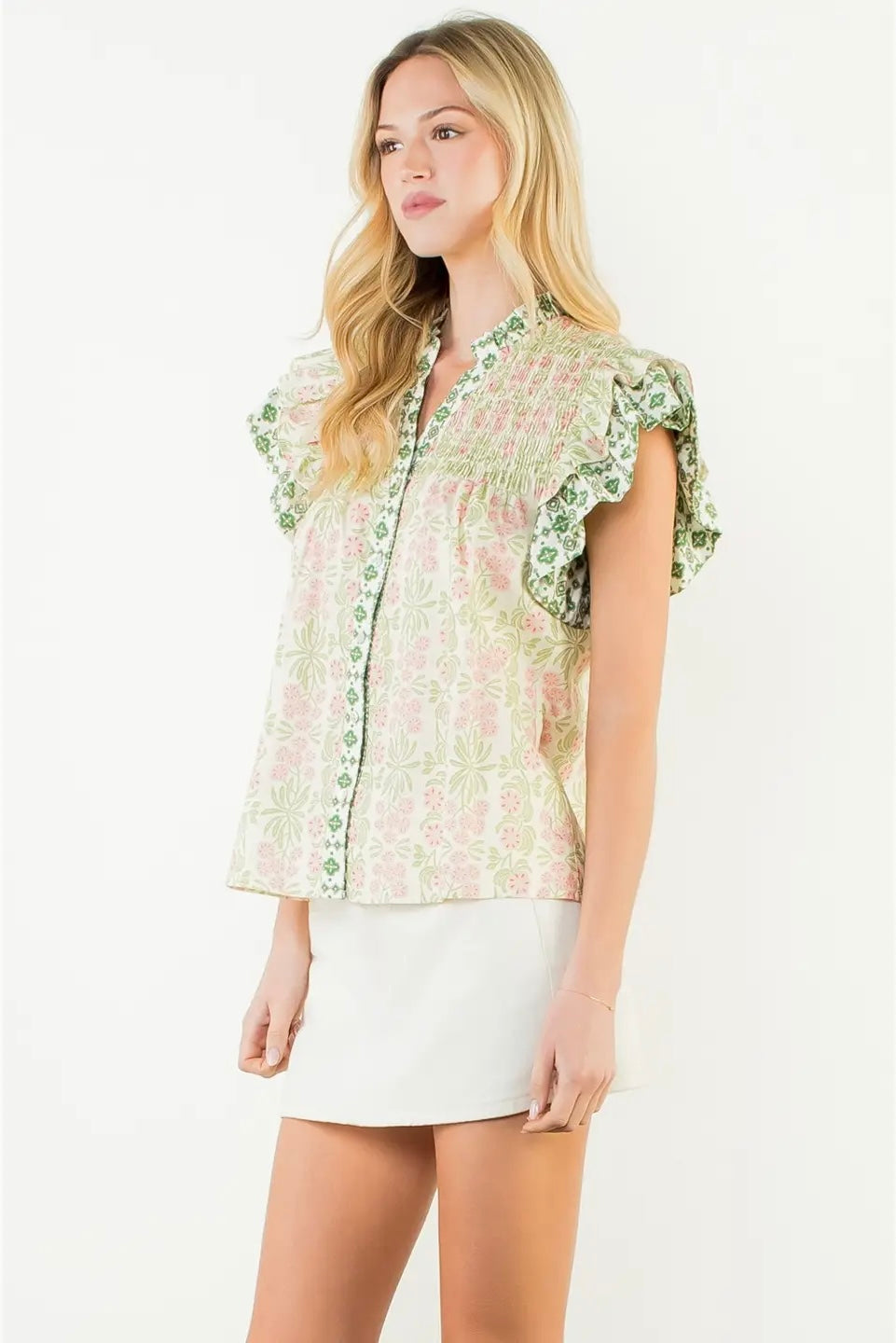 Flutter Sleeve Floral Pattern V-Neck Top