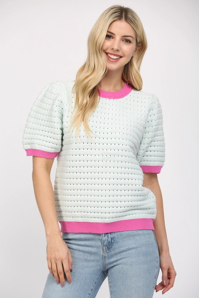 Puff Sleeve Croppped Sweater Top with Contrast Band