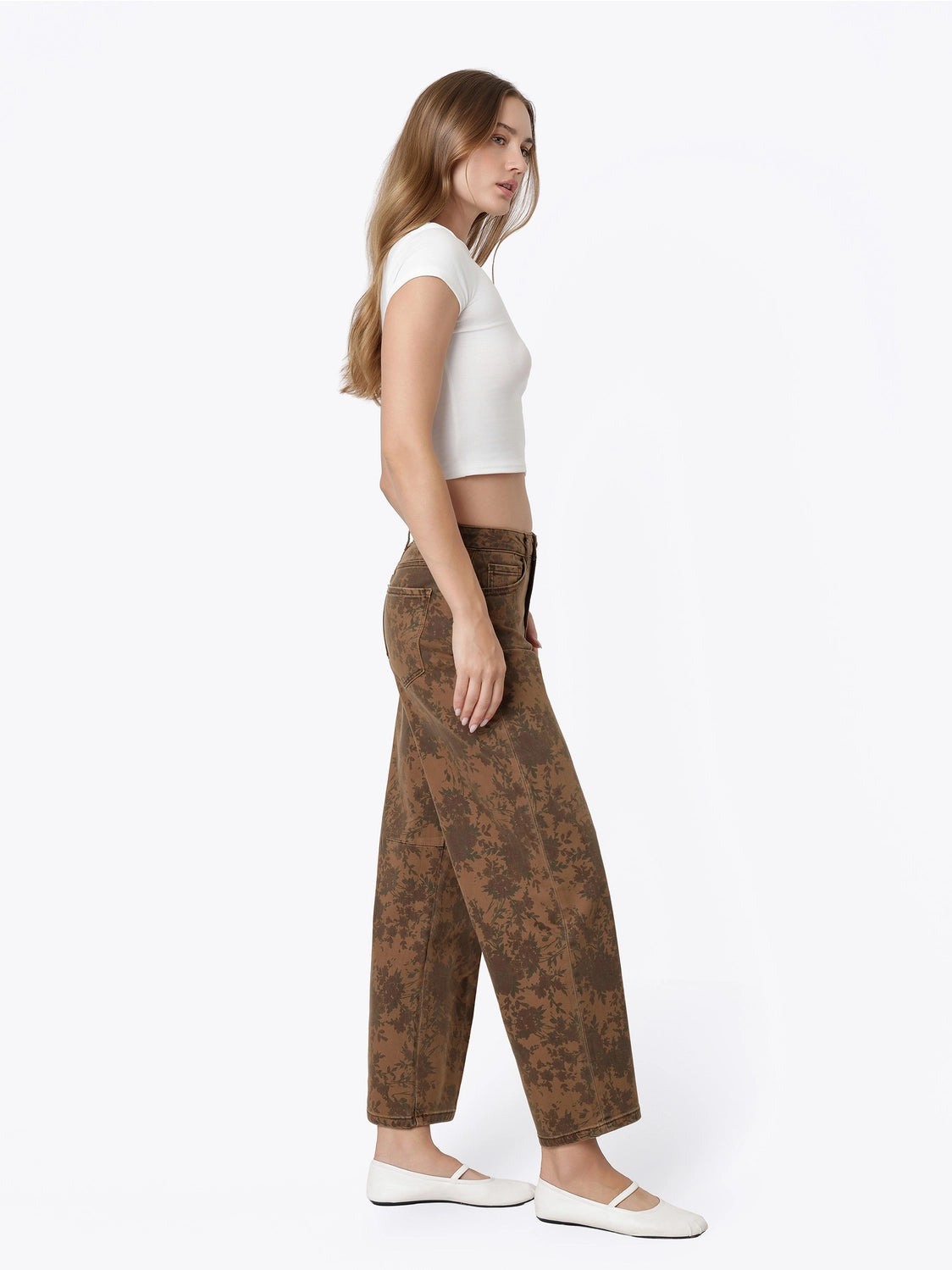 High Rise Brown Floral Print Barrel Jeans