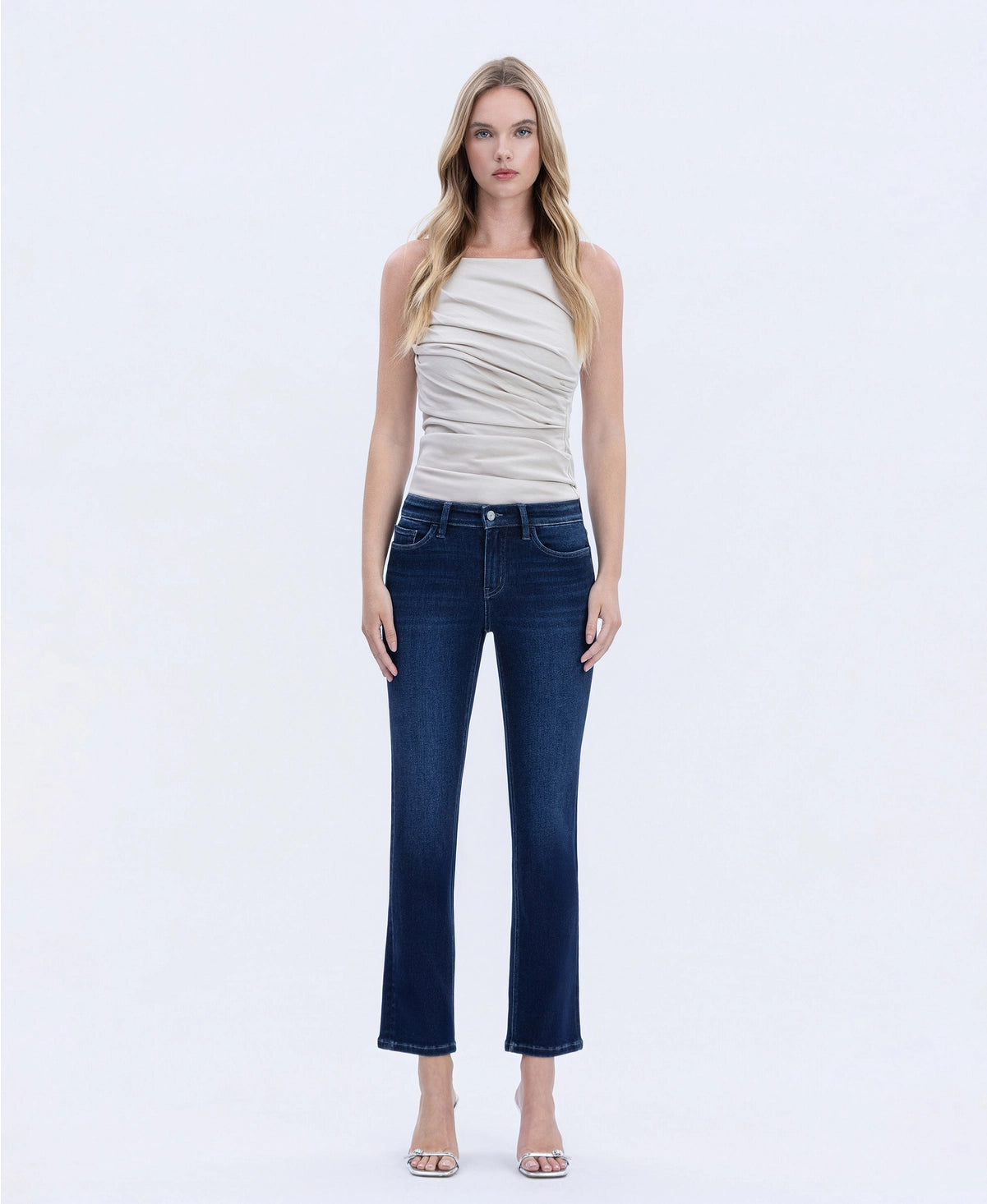 Mid Rise Dark Wash Ankle Slim Straight Jeans