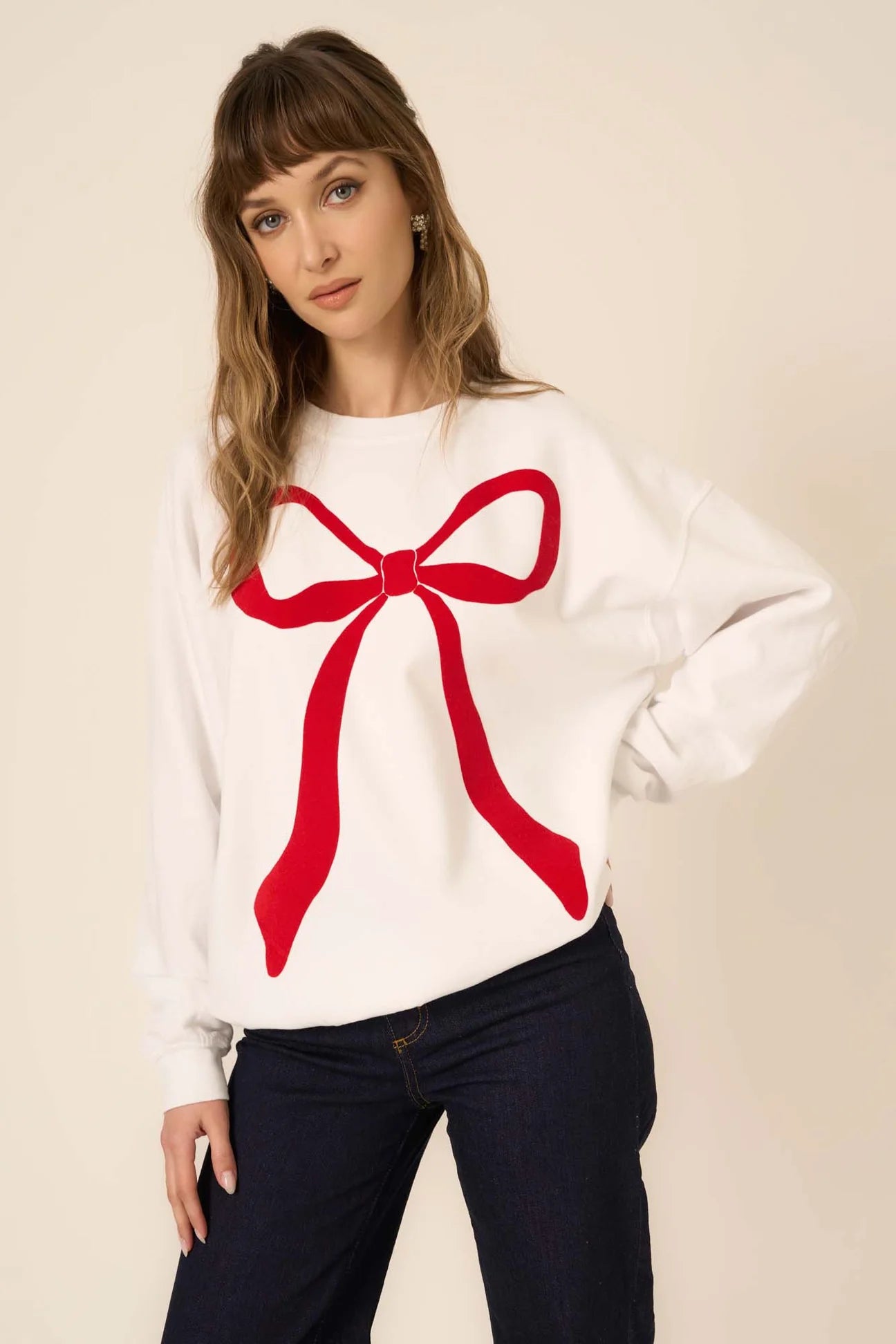 FLOCKED BOW SWEATSHIRT - WHITE