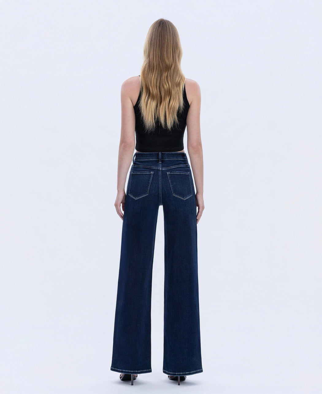 High Rise Dark Wash Full Length Wide Jeans