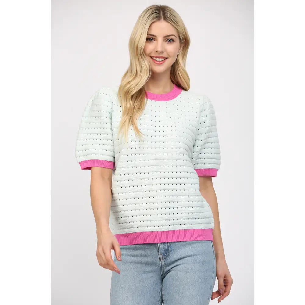 Puff Sleeve Croppped Sweater Top with Contrast Band