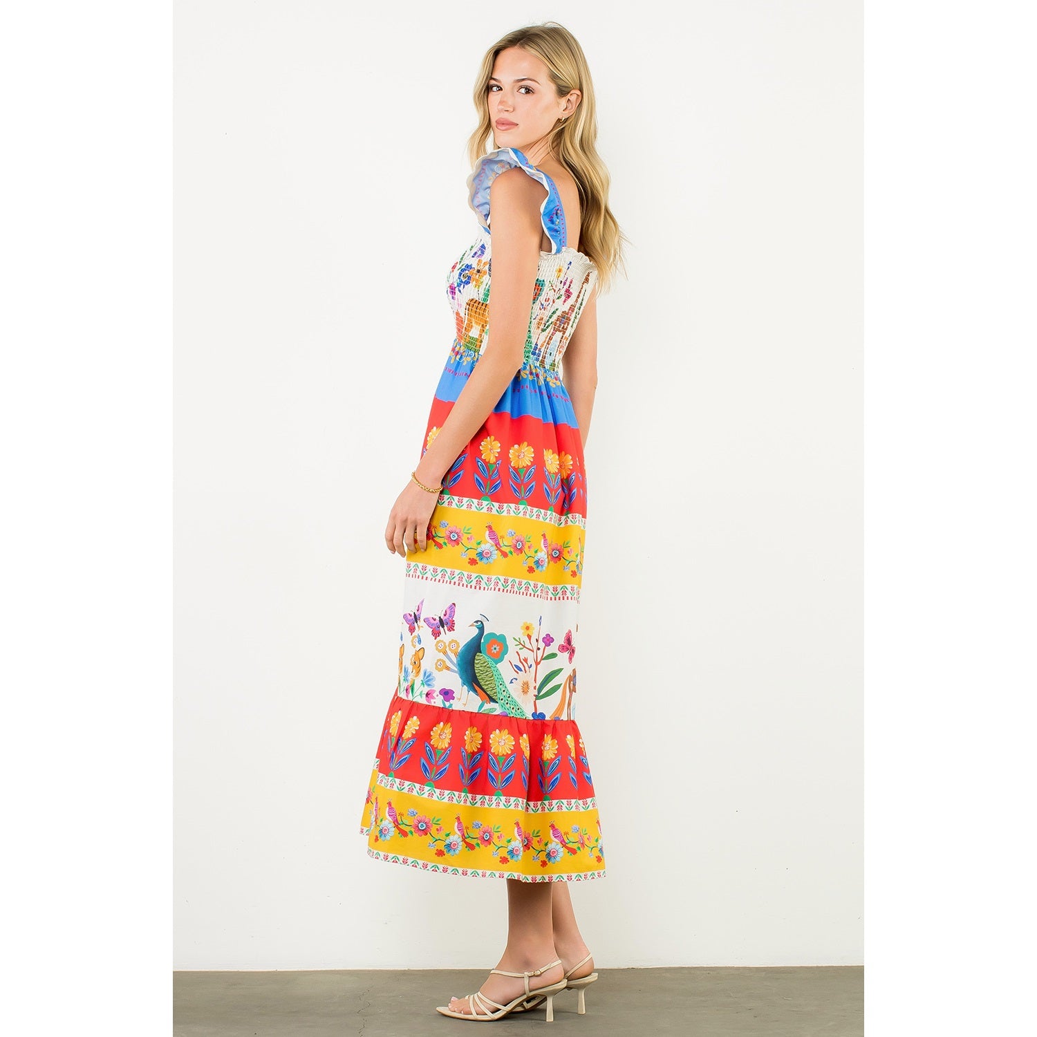 Smocked Flutter Sleeve Animal Print Maxi Dress