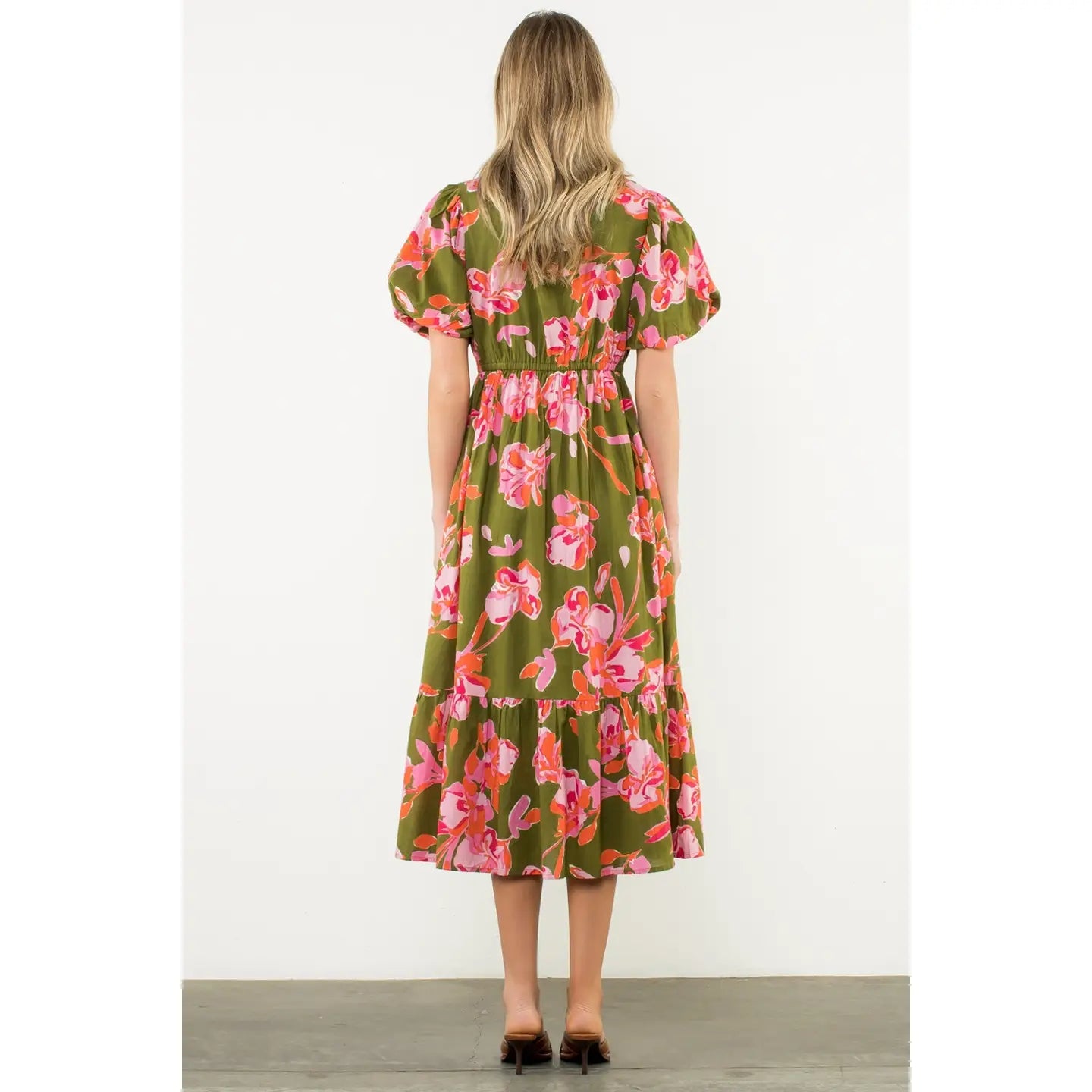 Puff Sleeve Floral Midi Dress