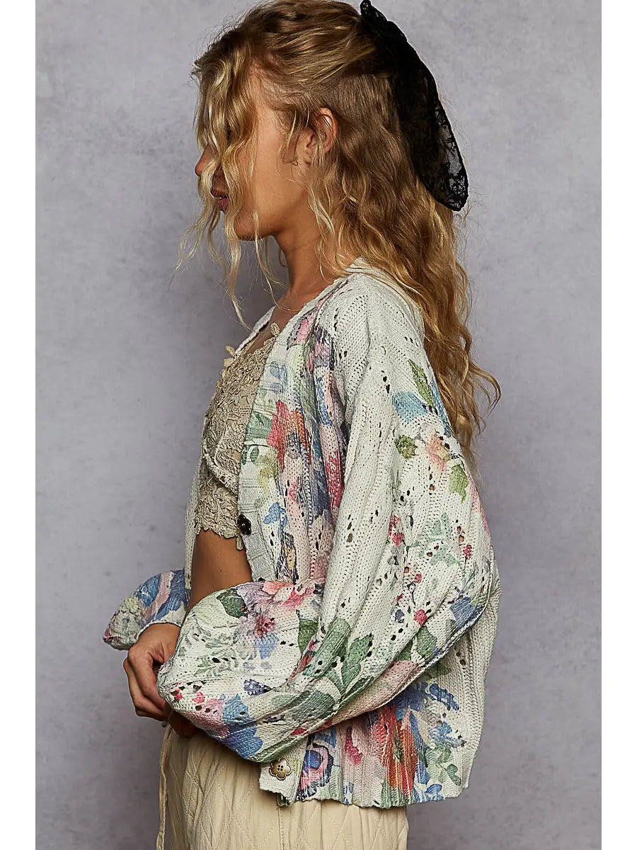 V Neck Floral Print Metal Flower Button Sweater Cardigan