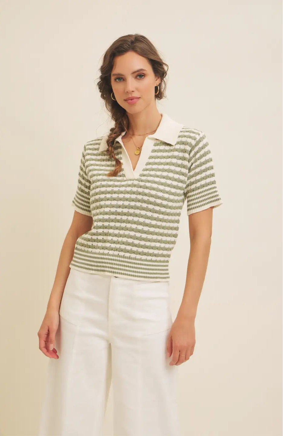 Soft Textured Cotton Stripe Sweater Top with Drop Shoulders