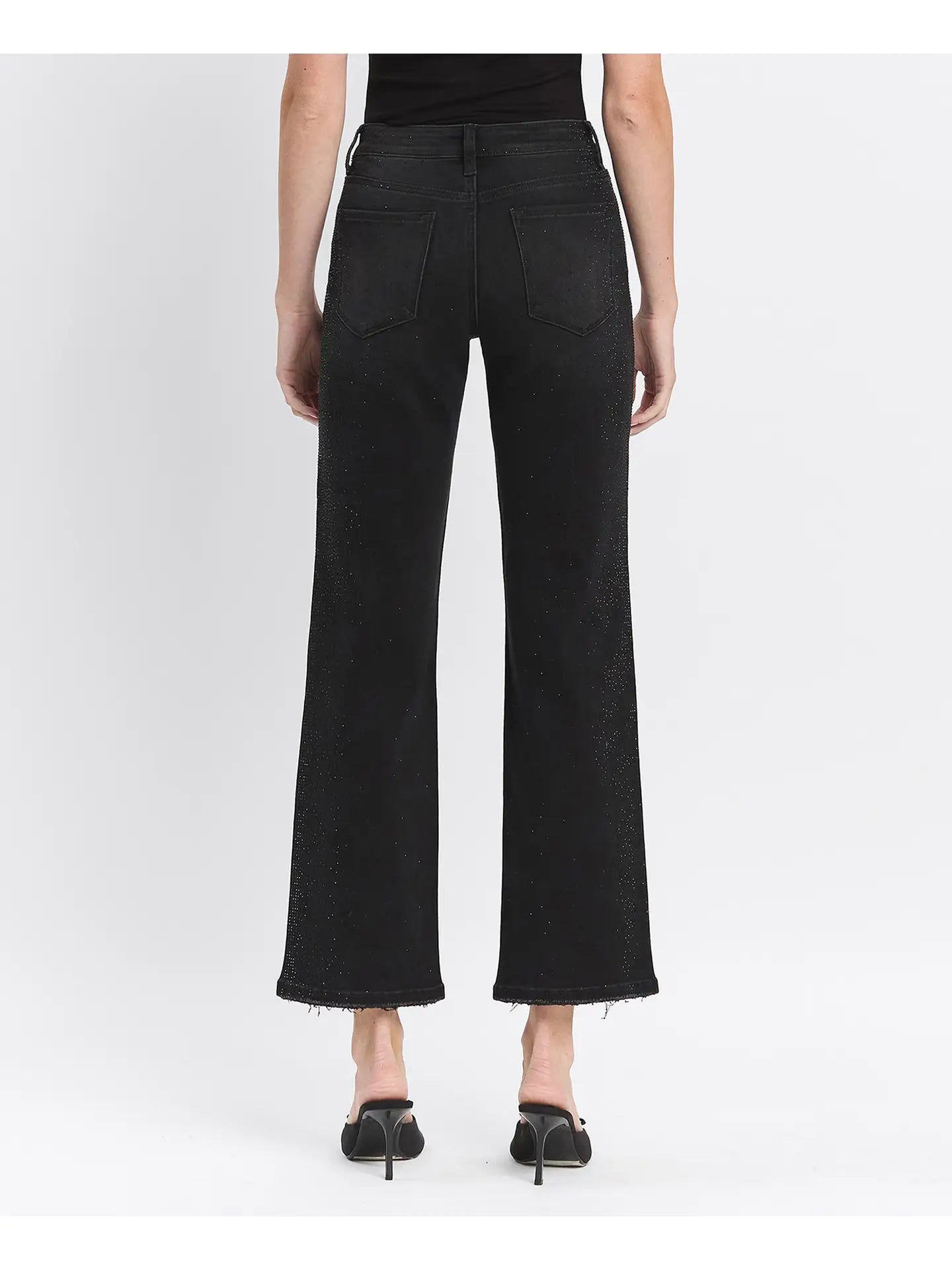 High Rise Rhinestone Detail Slim Wide Jeans