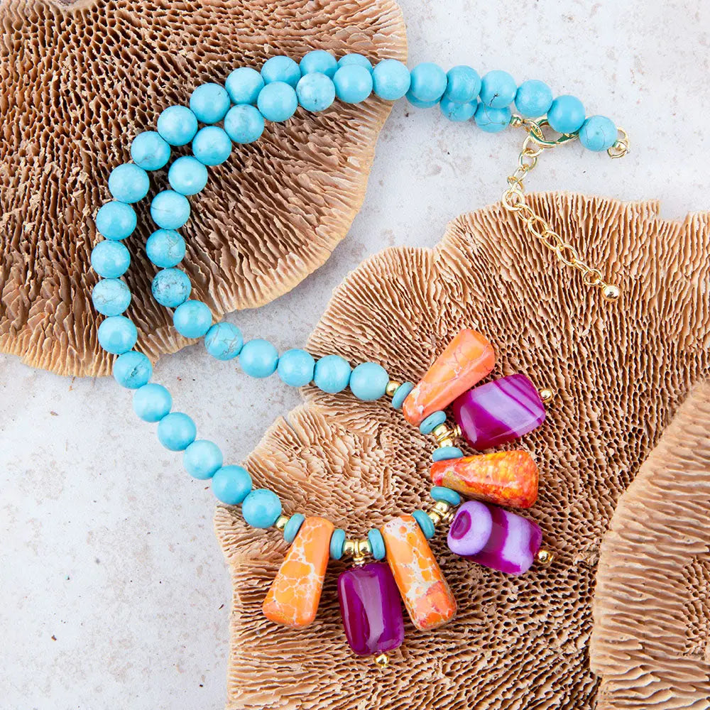 Guadalupe Pink Agate and Blue Turquoise Statement Necklace